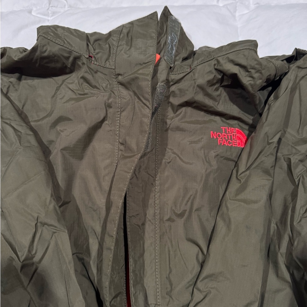 The North Face Men's Olive Raincoat with Pink Logo